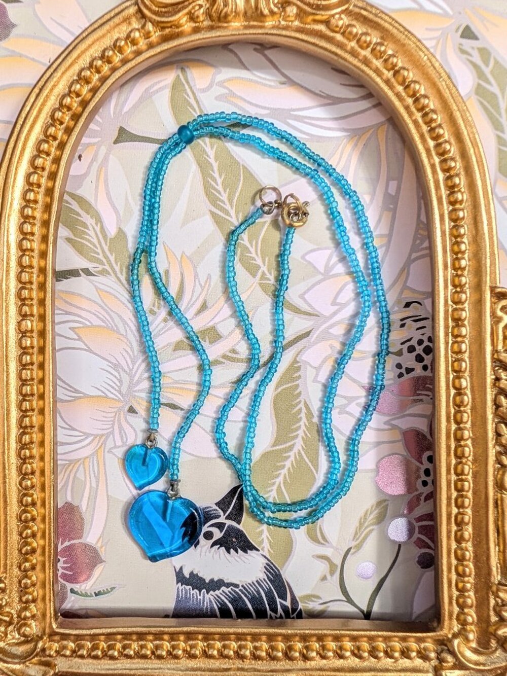 Vintage Lariat Style Blue Beaded Necklace with Double Heart Beads